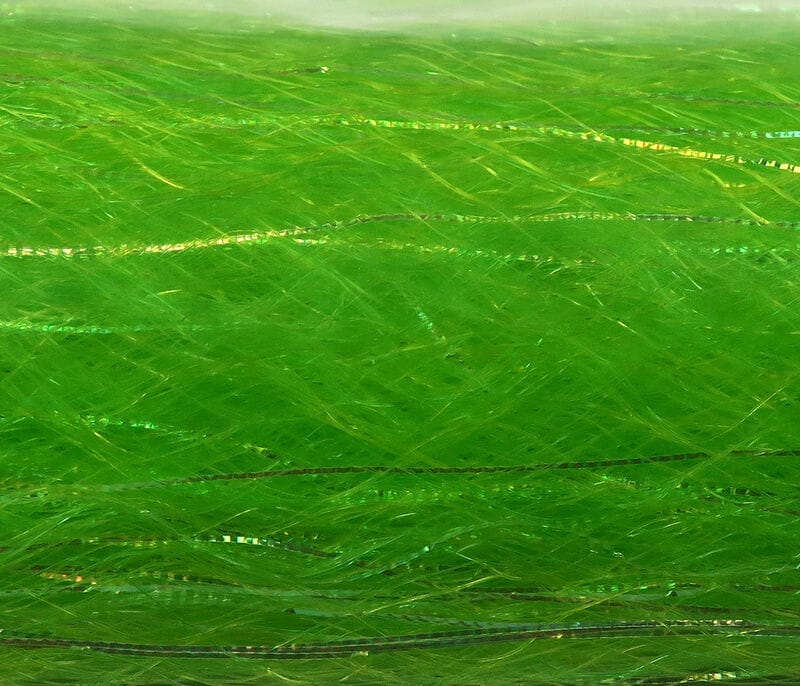 Chartreuse synthetic fibers with thin iridescent flash strands, Just Add H2O Flash N Slinky fly tying material