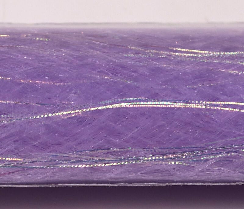 Purple synthetic fly tying fiber with iridescent slinky tinsel strips, soft layered strands for flies and lures