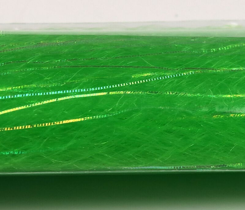 Bright chartreuse green synthetic fibers with iridescent flash tinsel strips, slinky material for fly tying