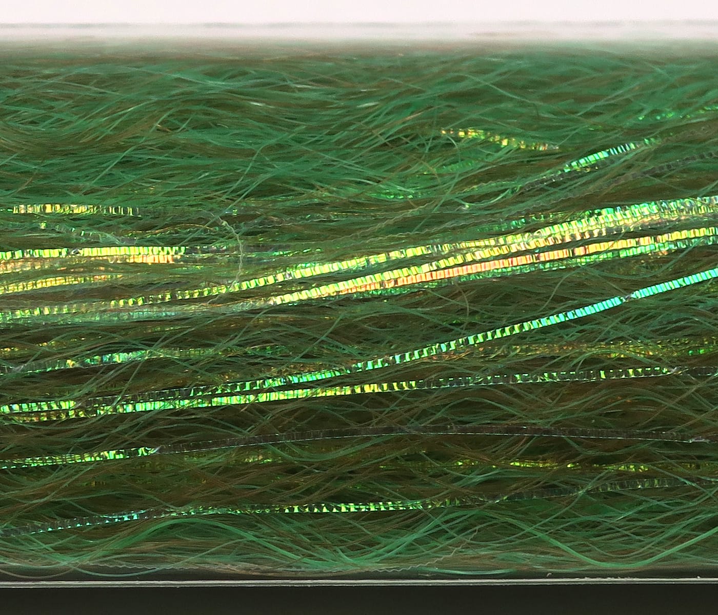 Green iridescent synthetic Flash N Slinky strands for fly tying with holographic tinsel and fine fibers