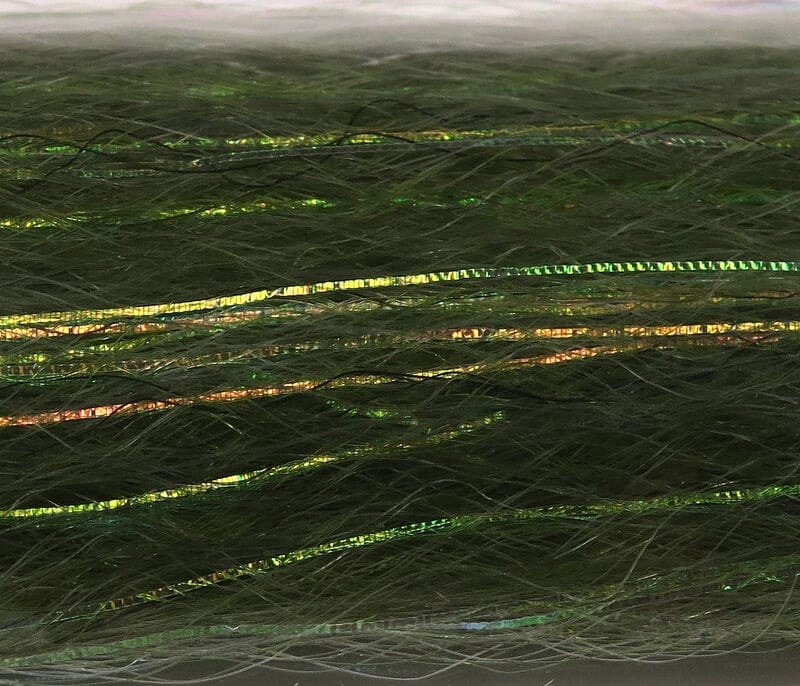 Olive green synthetic fibers with green and gold holographic flash strands for fly tying