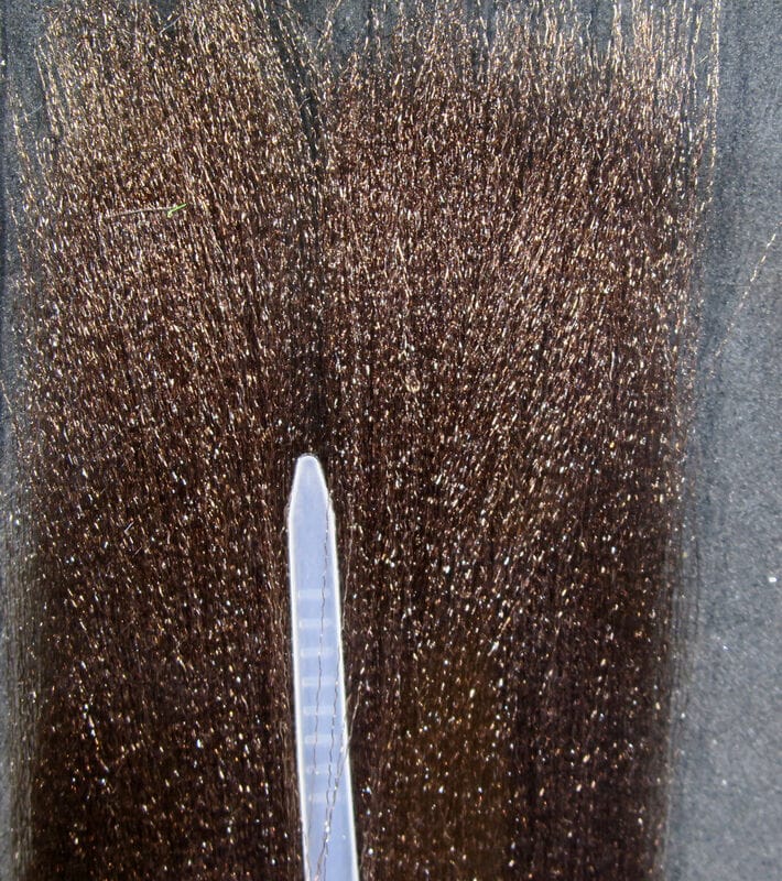 Just Add H2O Fluoro Fibre brown synthetic fly tying fibers with fine gold flash, long glossy strands