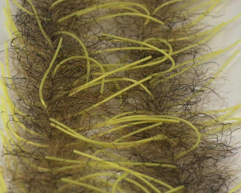 Olive-brown synthetic hair with lime-yellow flexible legs, Just Add H2O Lively Legs crustacean brush for fly tying