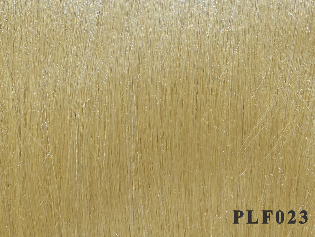 Blonde Polar Fibre synthetic fly-tying strands with fine shimmer and straight hair-like texture, labeled PLF023