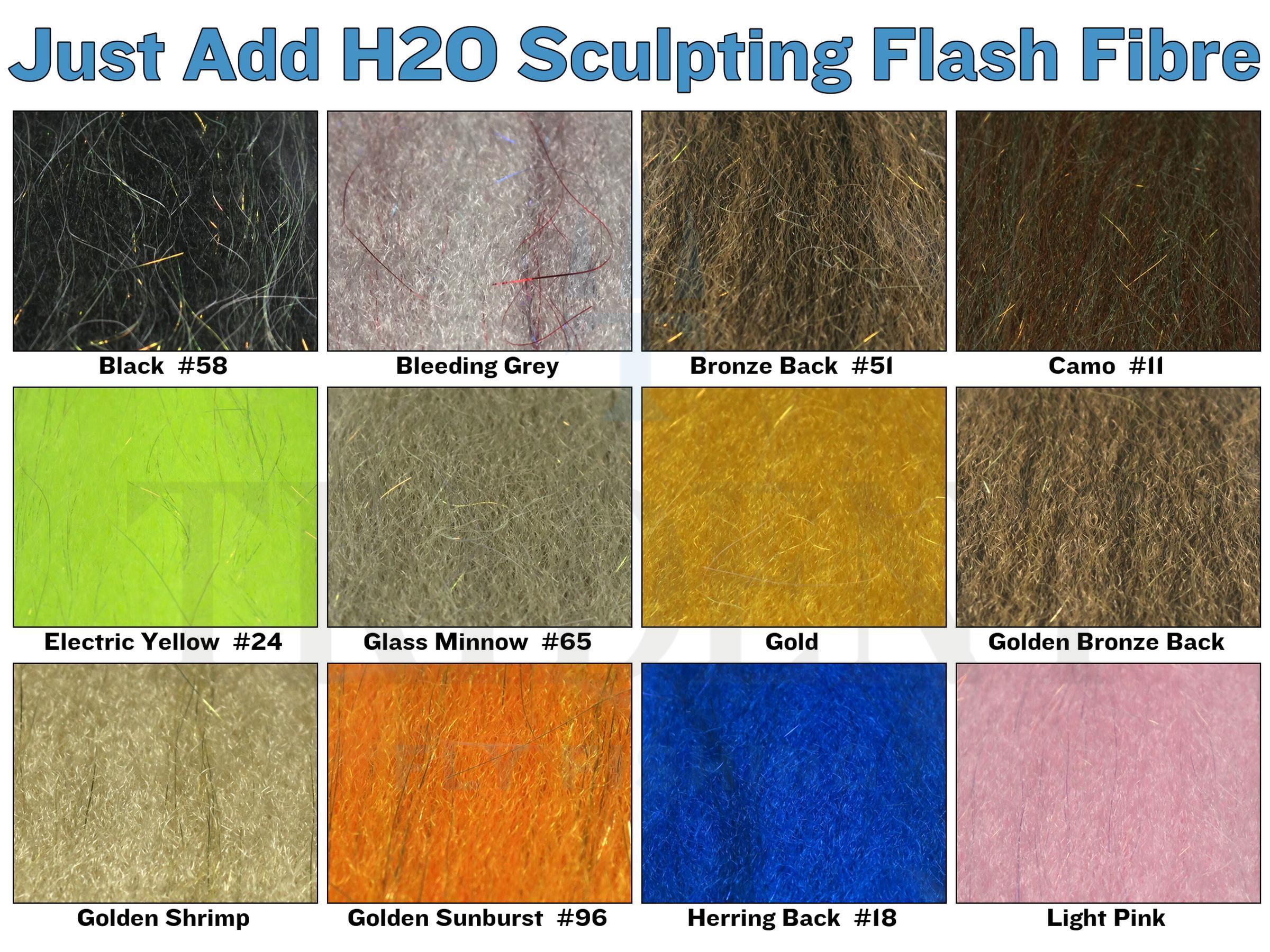 Grid of colored sculpting flash fibre swatches showing fuzzy synthetic hairs and iridescent metallic strands for fly tying