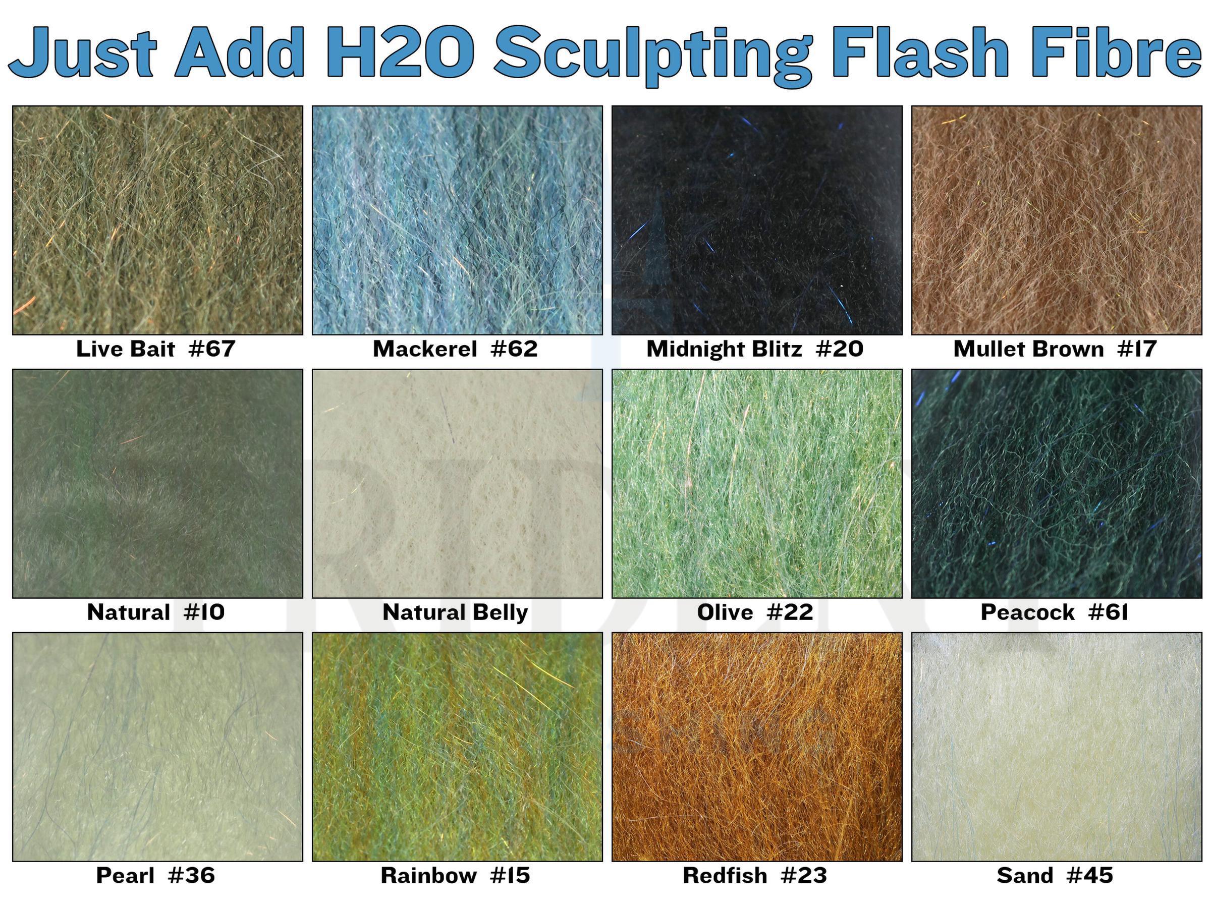 Patchwork of textured flash fibre fly tying swatches in olive, blue, black and brown with iridescent strands