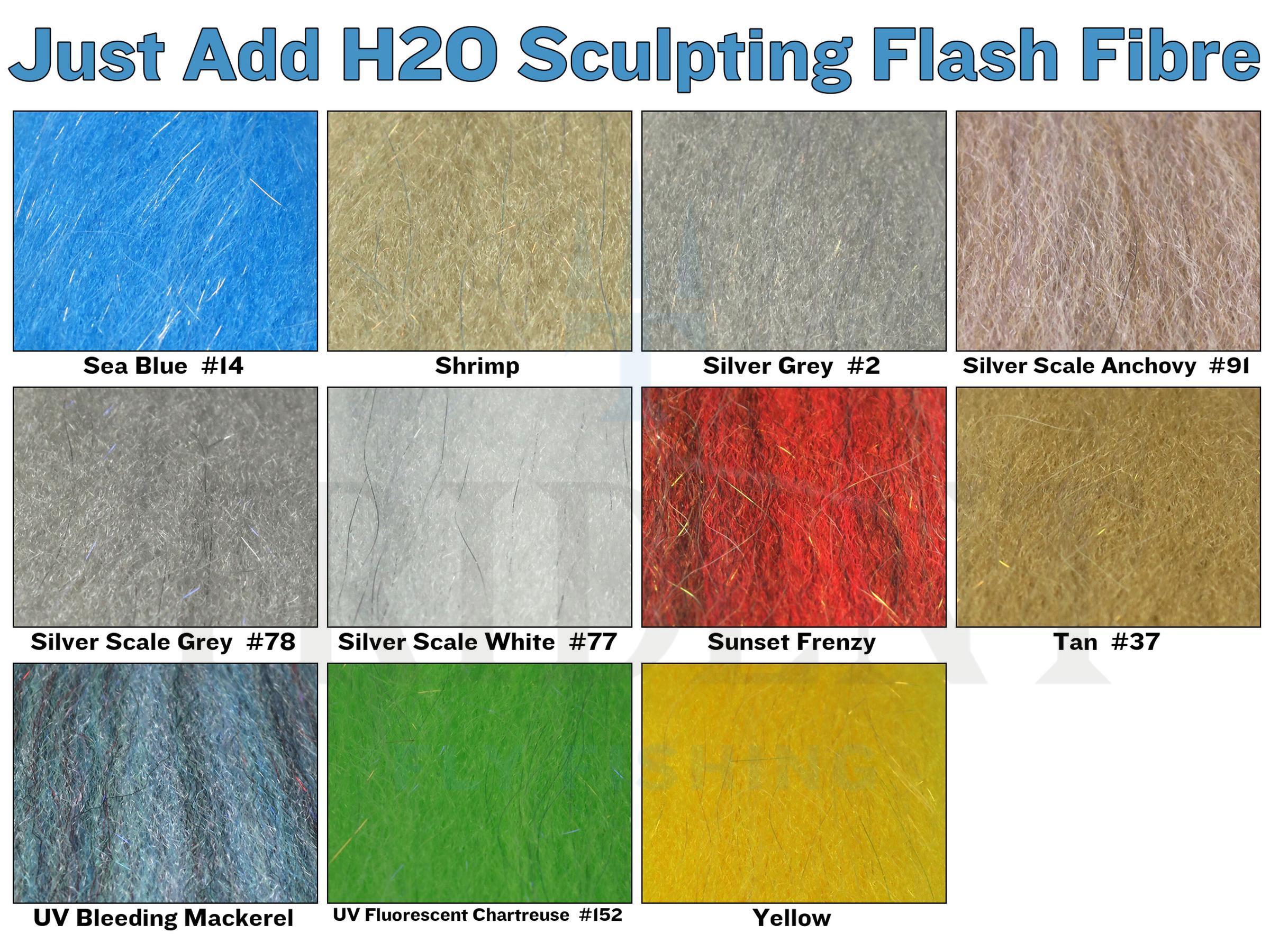 Sculpting flash fibre swatches in sea blue, silver, red, green and yellow for fly tying with iridescent sheen