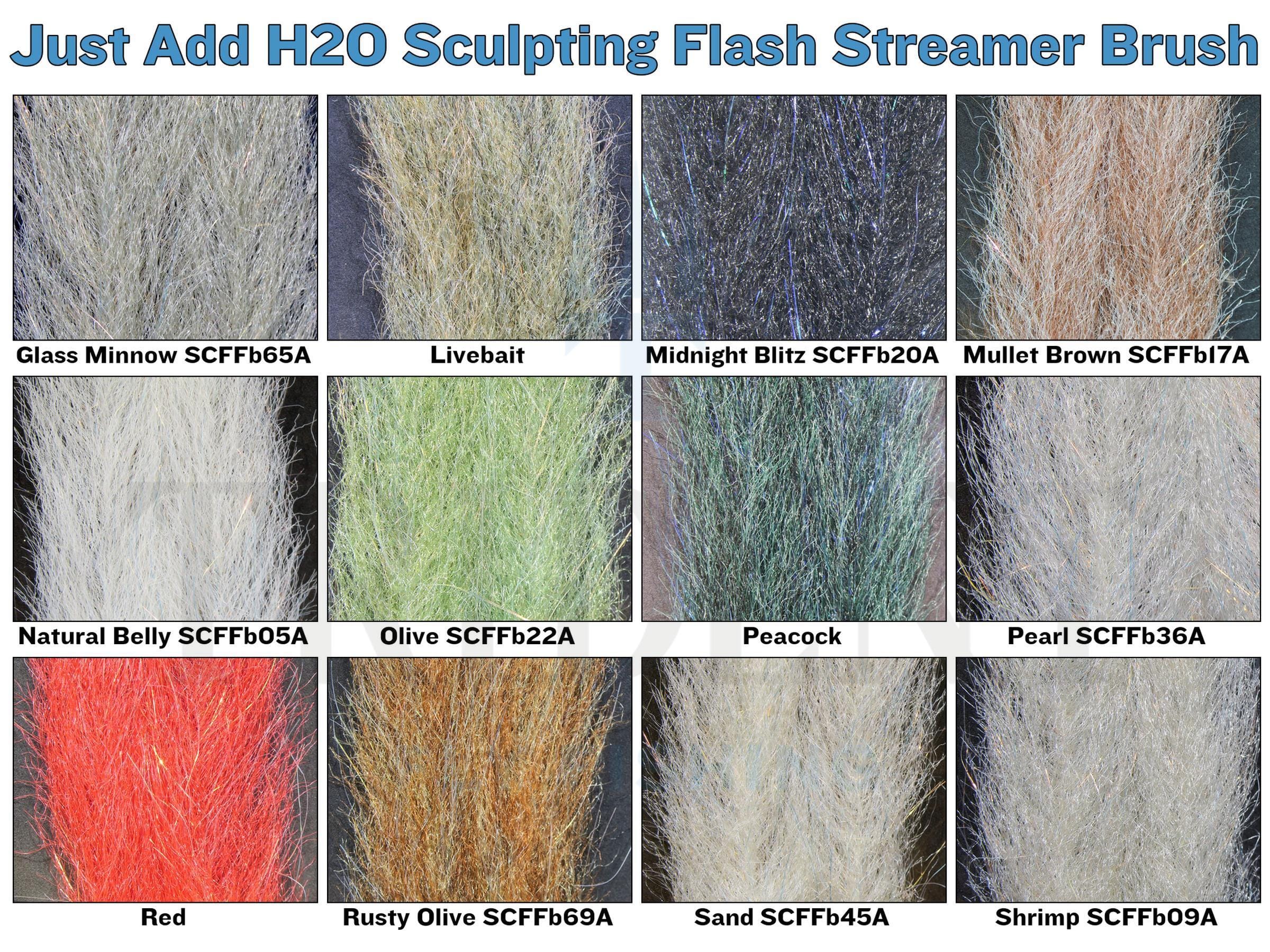 Multicolored synthetic flash fibers for fly tying, fur-like streamer brush with iridescent strands in pearl and olive tones