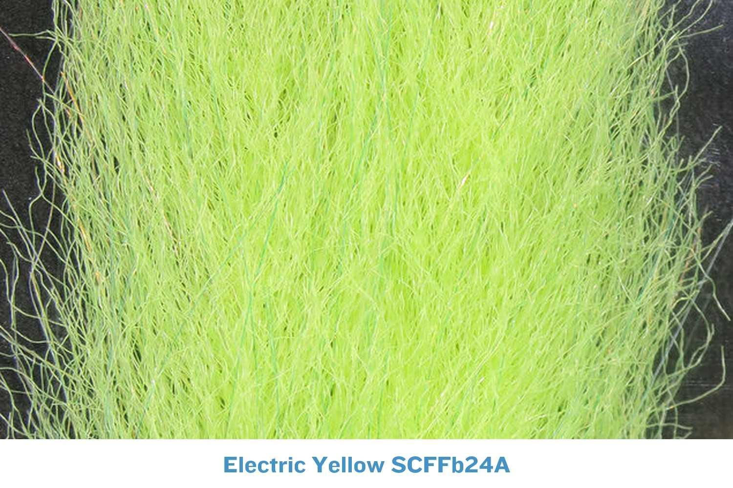 Electric yellow synthetic fibers from a Sculpting Flash Streamer brush, wispy fine strands for fly tying streamers