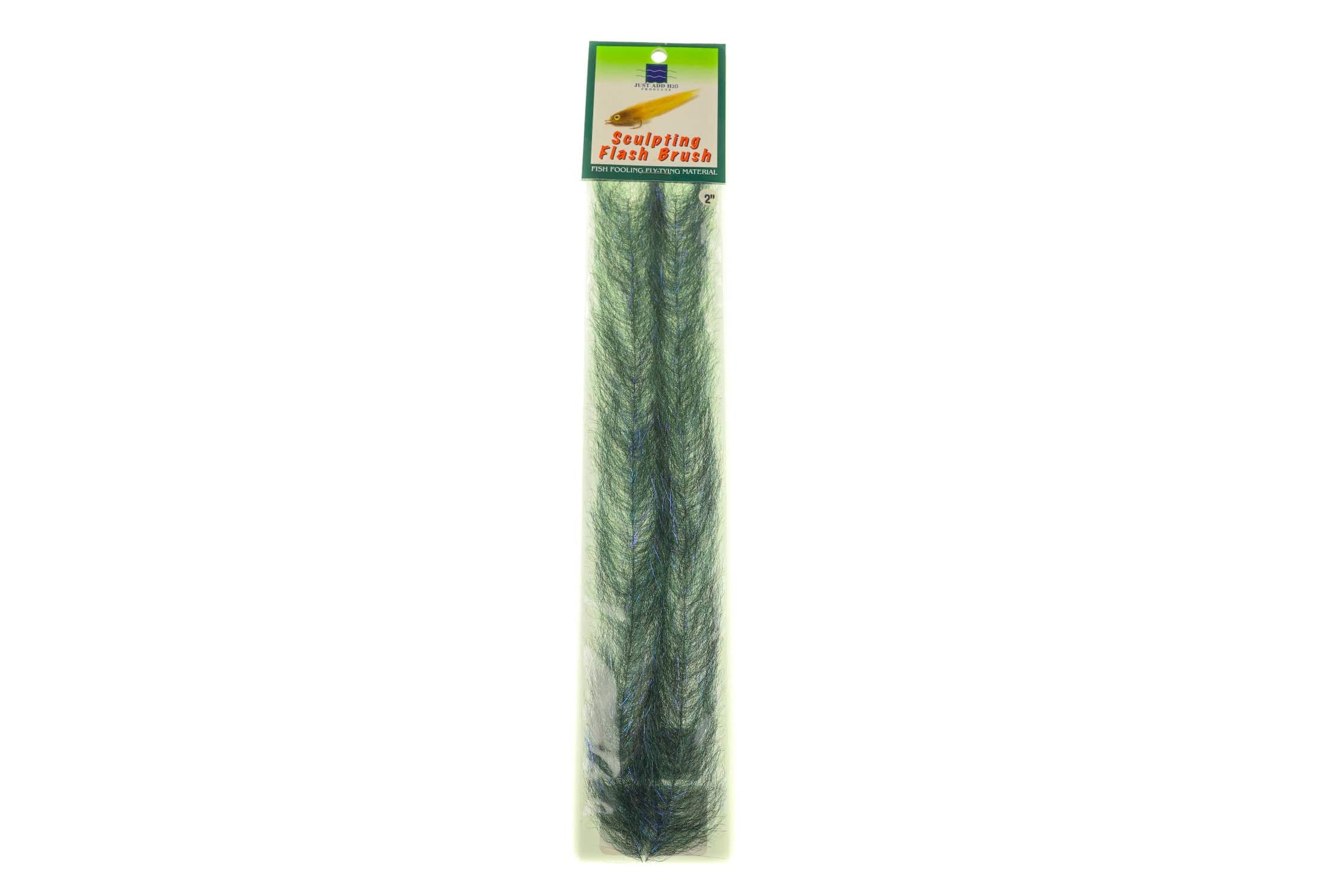 Olive green sculpting flash streamer brush with blue iridescent synthetic fibers in hanging retail pack for fly tying