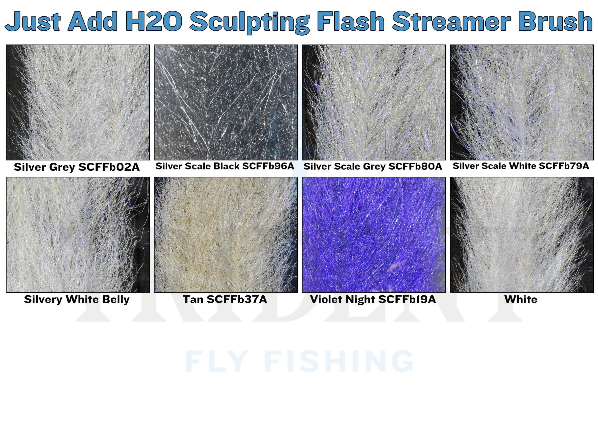 Just Add H2O streamer brush swatches in silvery white, tan, violet and black with iridescent synthetic fibers for fly tying