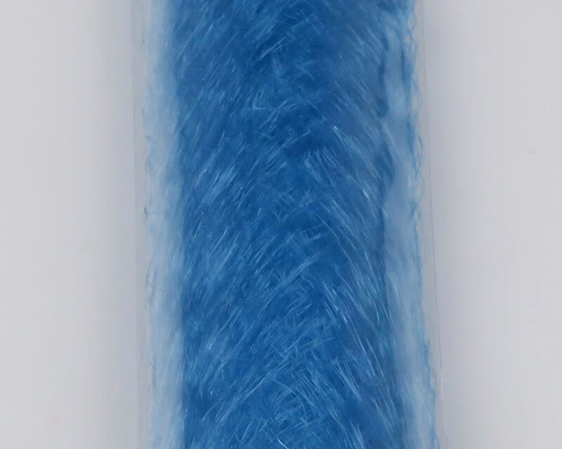Bright blue shiny synthetic Slinky Fibre bundle in clear tube with wispy sparkly strands for fly tying