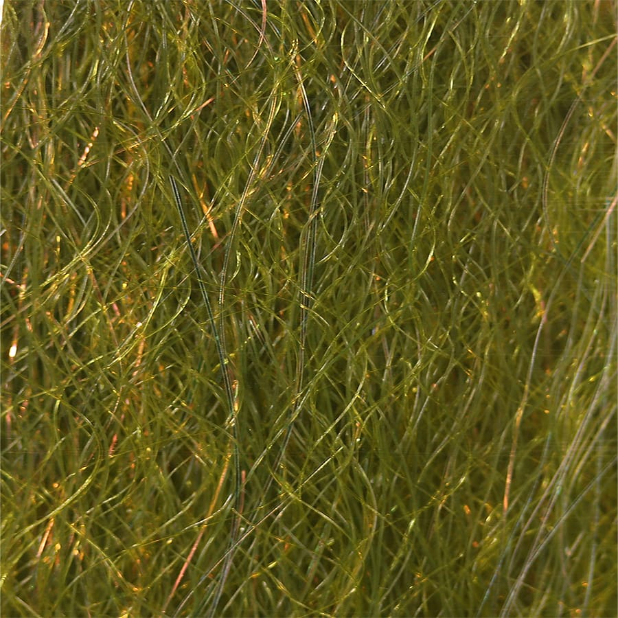 Olive green synthetic fly tying dubbing with fine hair-like strands and subtle gold iridescent flash