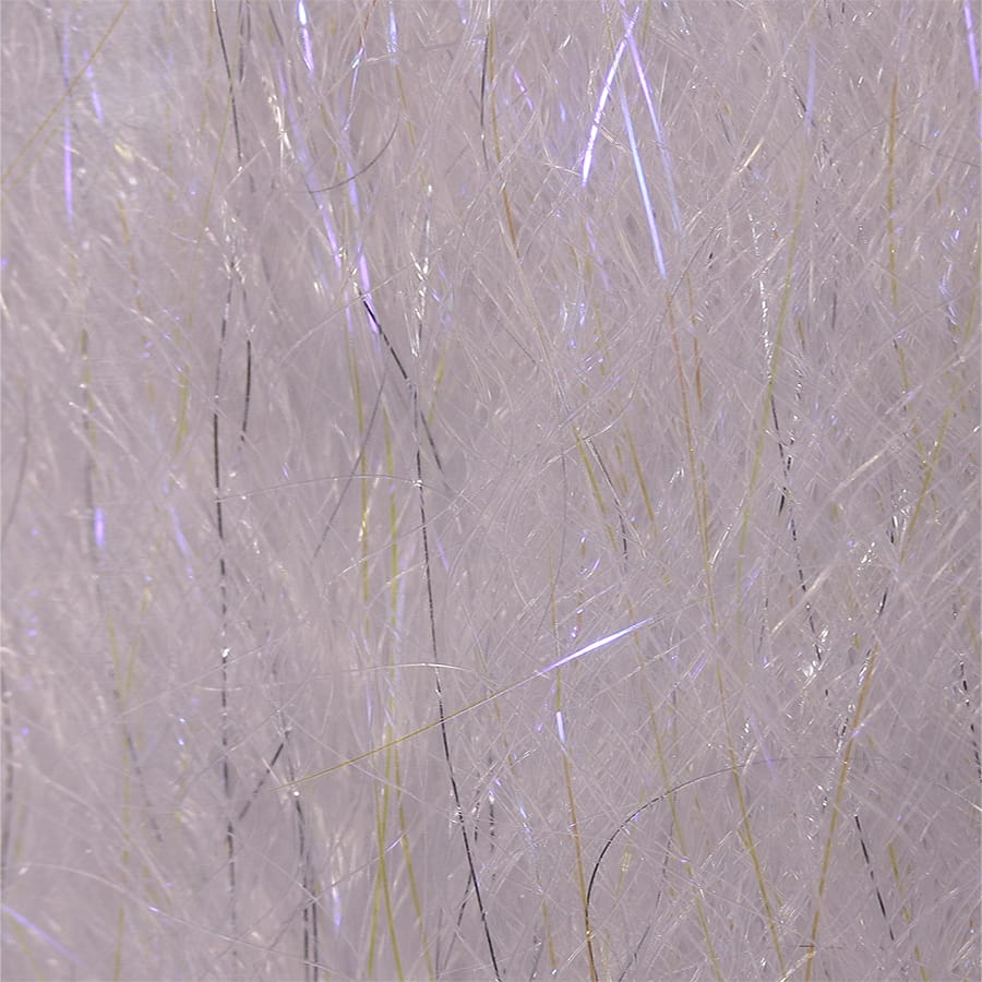 White translucent synthetic fly-tying fibers with purple iridescent flash and thin gold and black strands