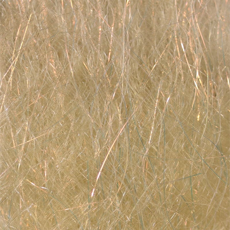 Pale tan-beige synthetic fly tying fibers with fine iridescent green and pearl sparkle strands, SF Blend dubbing
