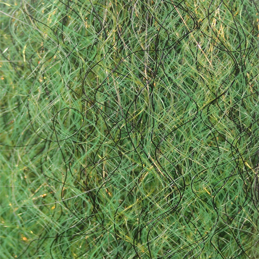 Green and olive synthetic fly tying dubbing with black fibers and gold flash accents