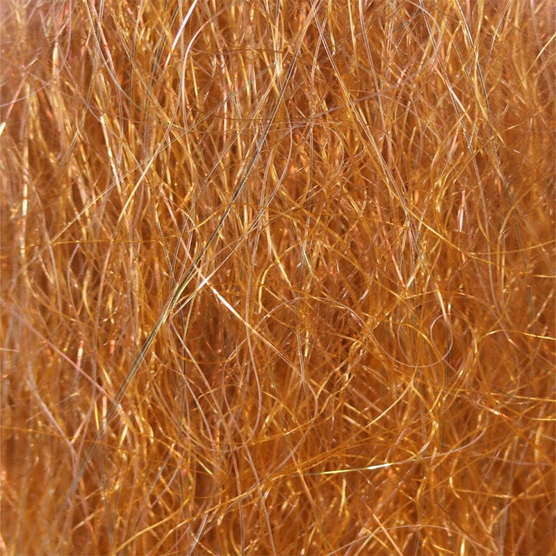 Copper-gold iridescent synthetic fibers for fly tying dubbing, long fine reflective strands with mix of texture