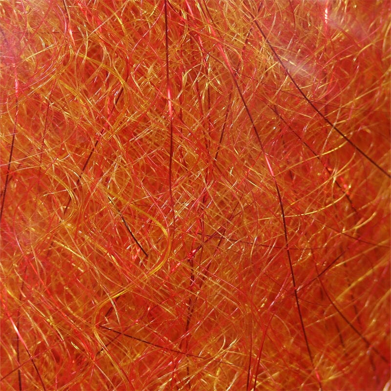 Orange-red iridescent synthetic fly tying dubbing with gold flash and fine curly fibers Steve Farrar SF Blend