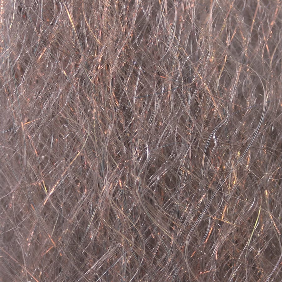 Taupe-gray synthetic dubbing blend with fine hair-like fibers and coppery iridescent flash for fly tying