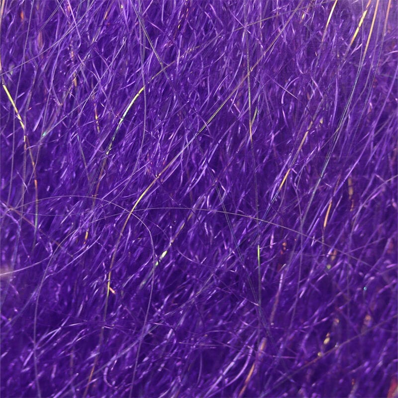 Vibrant purple synthetic fly-tying fibers with iridescent gold and green tinsel strands, SF Blend dubbing