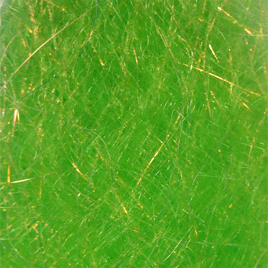 Bright chartreuse green synthetic fly tying dubbing with fine iridescent gold flash fibers