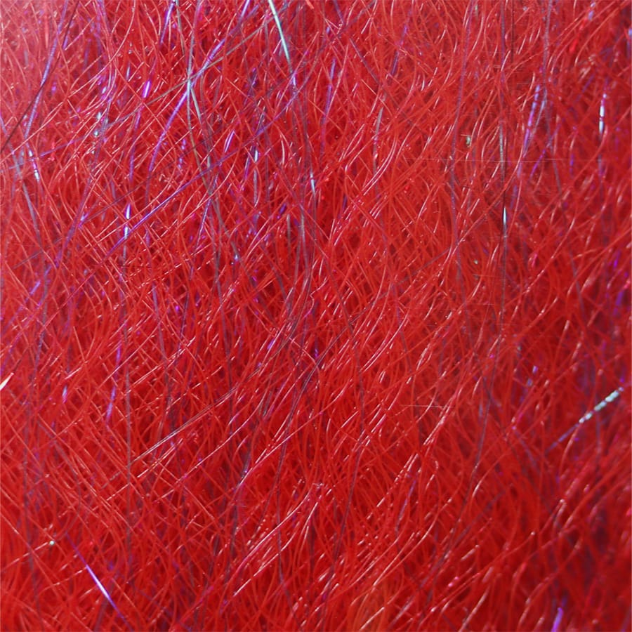 Bright red synthetic fly tying fibers with purple iridescent flash strands, dense SF Blend dubbing material