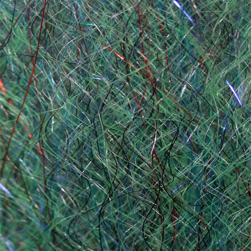 Green iridescent synthetic fly tying dubbing with fine black, red and silver strands in tangled SF Blend fibers