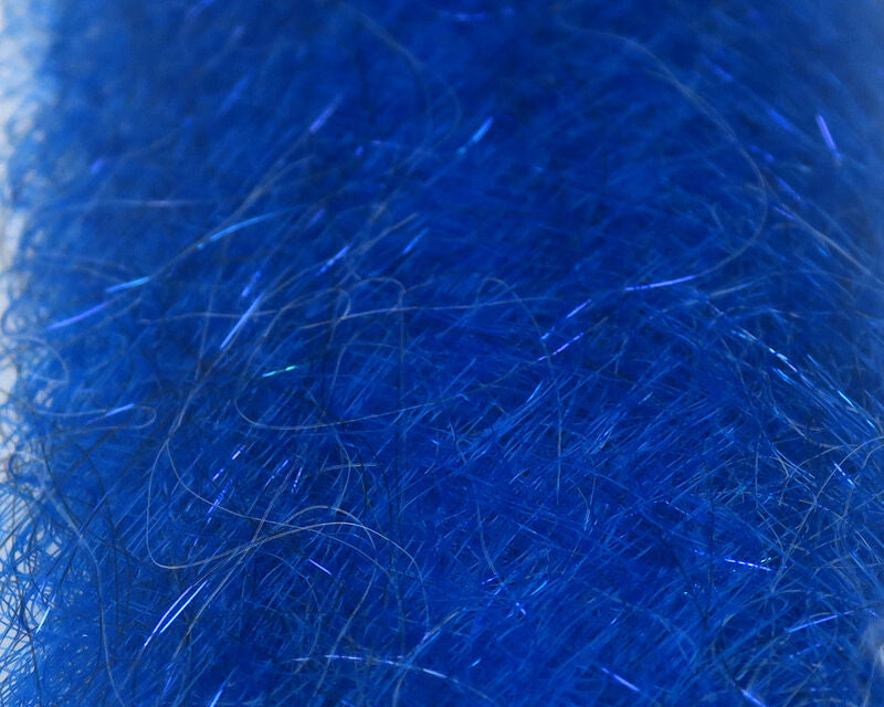 Cobalt blue synthetic fly tying fibers with iridescent UV sparkle strands, fine hair-like blend for tying flies