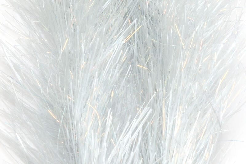 Translucent silvery-white synthetic fly brush fibers with subtle iridescent tinsel for fly tying