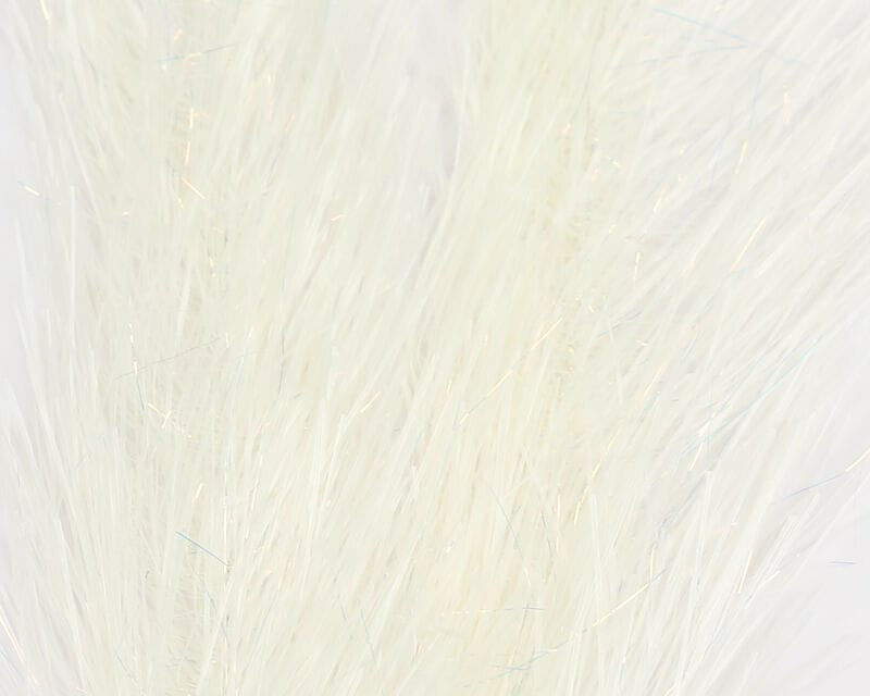 Translucent white synthetic fly brush with subtle iridescent flash fibers, soft streamer-style material for fly tying