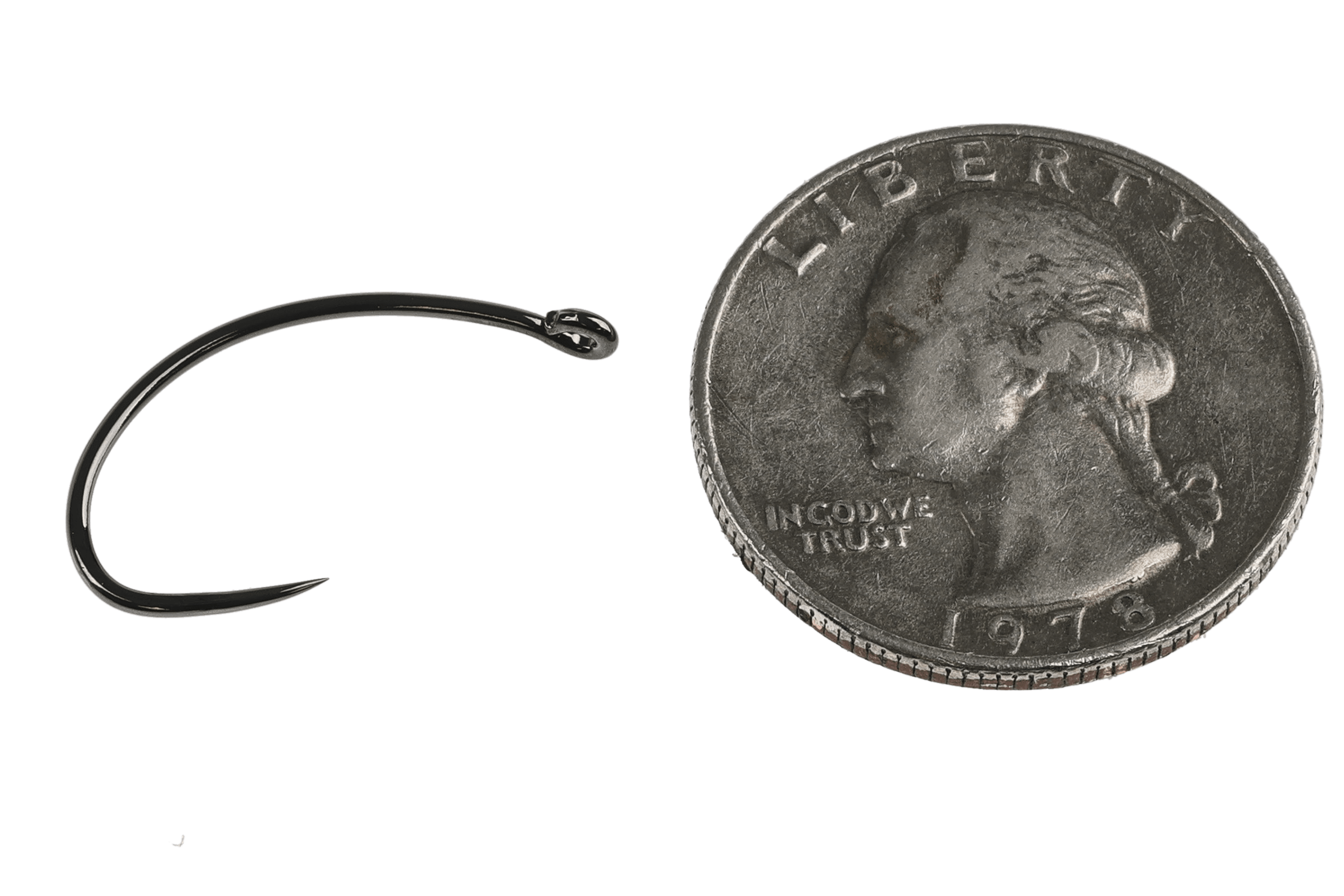 Black barbless curved nymph hook with shiny metal finish and turned eye next to US quarter for scale