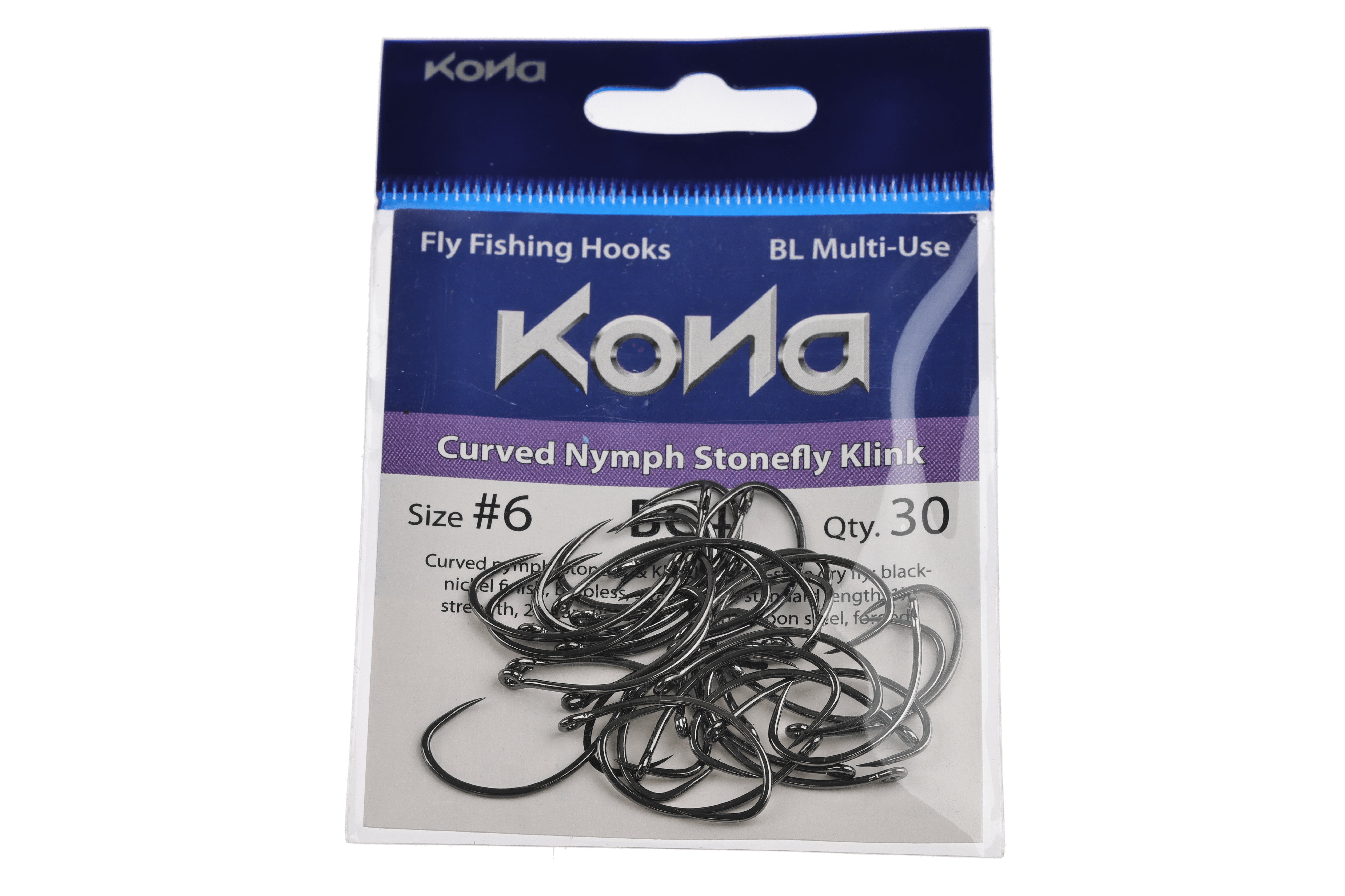 Kona pack of shiny black nickel curved barbless nymph stonefly hooks on blue and purple fly tying packaging