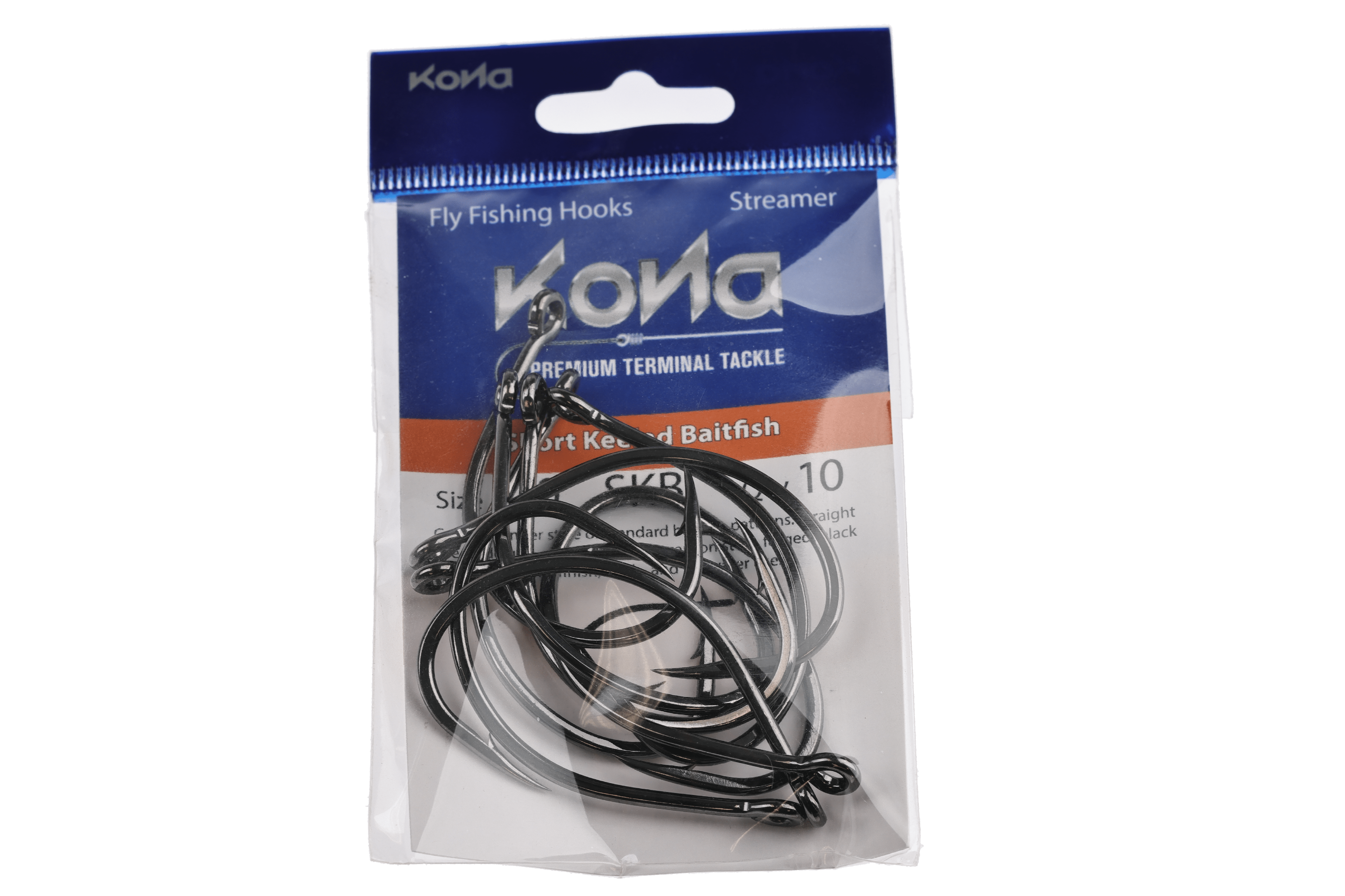 Kona short keeled streamer fly hooks pack, glossy black nickel curved hooks in clear plastic packaging with blue label