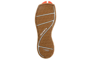 Korkers brown gum sole with hex-pattern tread, white accent channels and red heel tab for fishing sandals