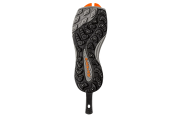 Korkers TrailTrac black and gray rubber lug sole with orange logo and aggressive multi-directional tread lugs