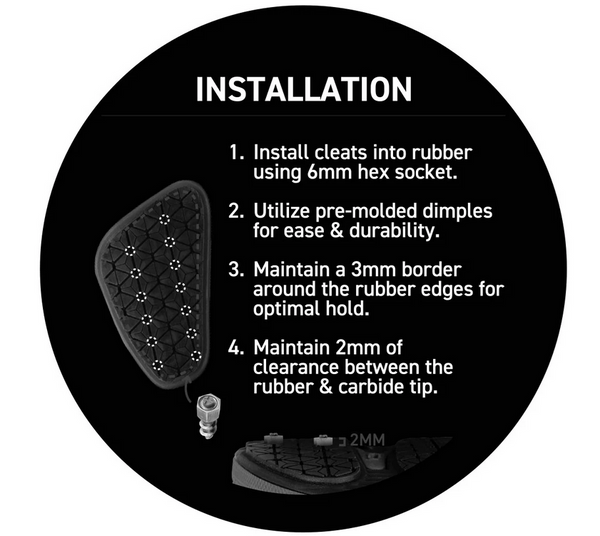 Korkers Xtra-Bite screw-in carbide cleats on black rubber pad with pre-molded dimples and metal carbide tips