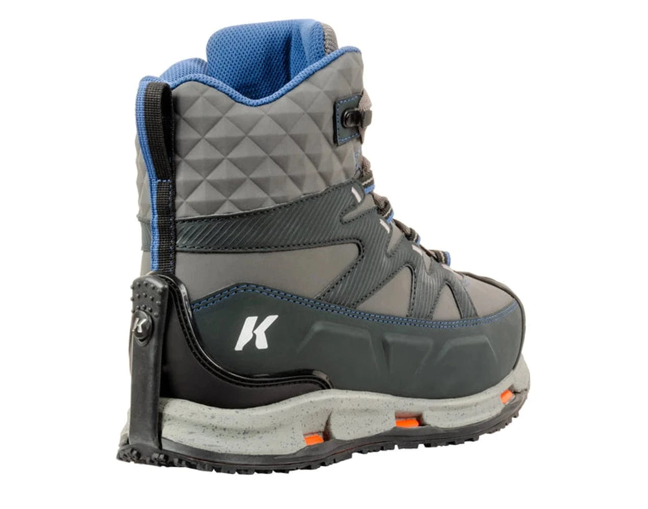 Gray and blue Korkers Bantam Lite wading boot with quilted ankle, rubberized lower, speckled midsole and orange sole accents