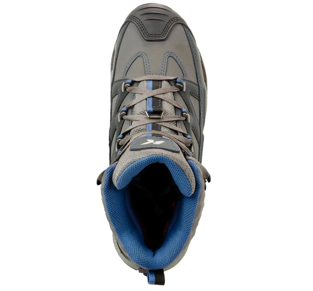 Top-down view of Korkers Bantam Lite gray lace-up wading boot with blue padded mesh collar and rubber toe cap