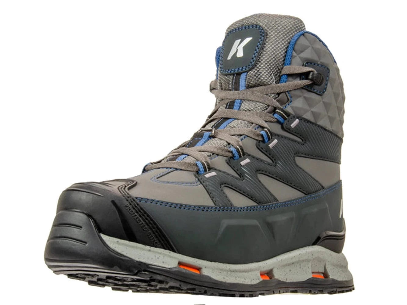 Korkers gray high-top wading boot with rubber toe, quilted ankle, blue accents and rugged lug sole