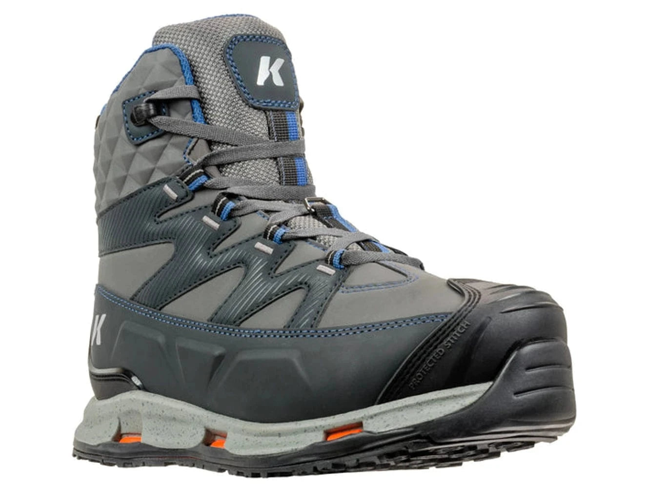 Korkers Bantam Lite gray high-top wading boot with waterproof synthetic upper, reinforced toe, blue accents and rugged sole