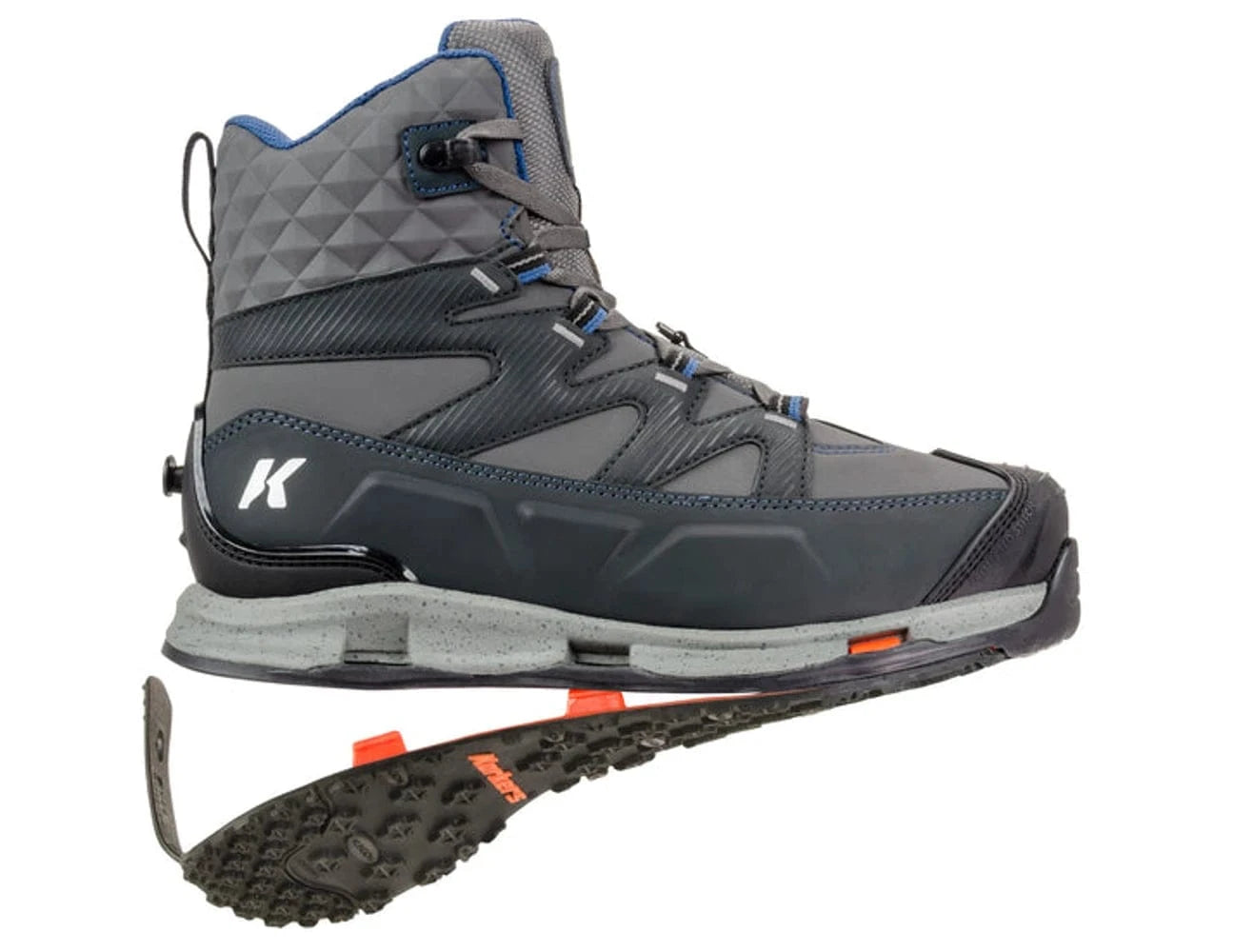 Gray Korkers Bantam Lite high-top wading boot with quilted ankle, rubberized lower and removable lug sole with orange cleats