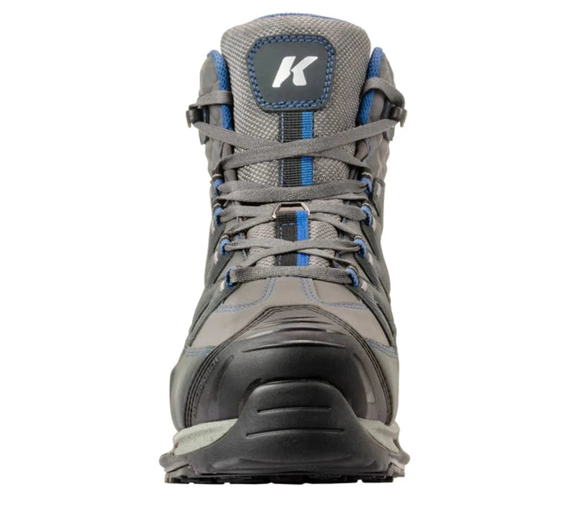 Korkers gray and blue Bantam Lite high-top wading boot with mesh upper, rubber toe cap and lace-up design