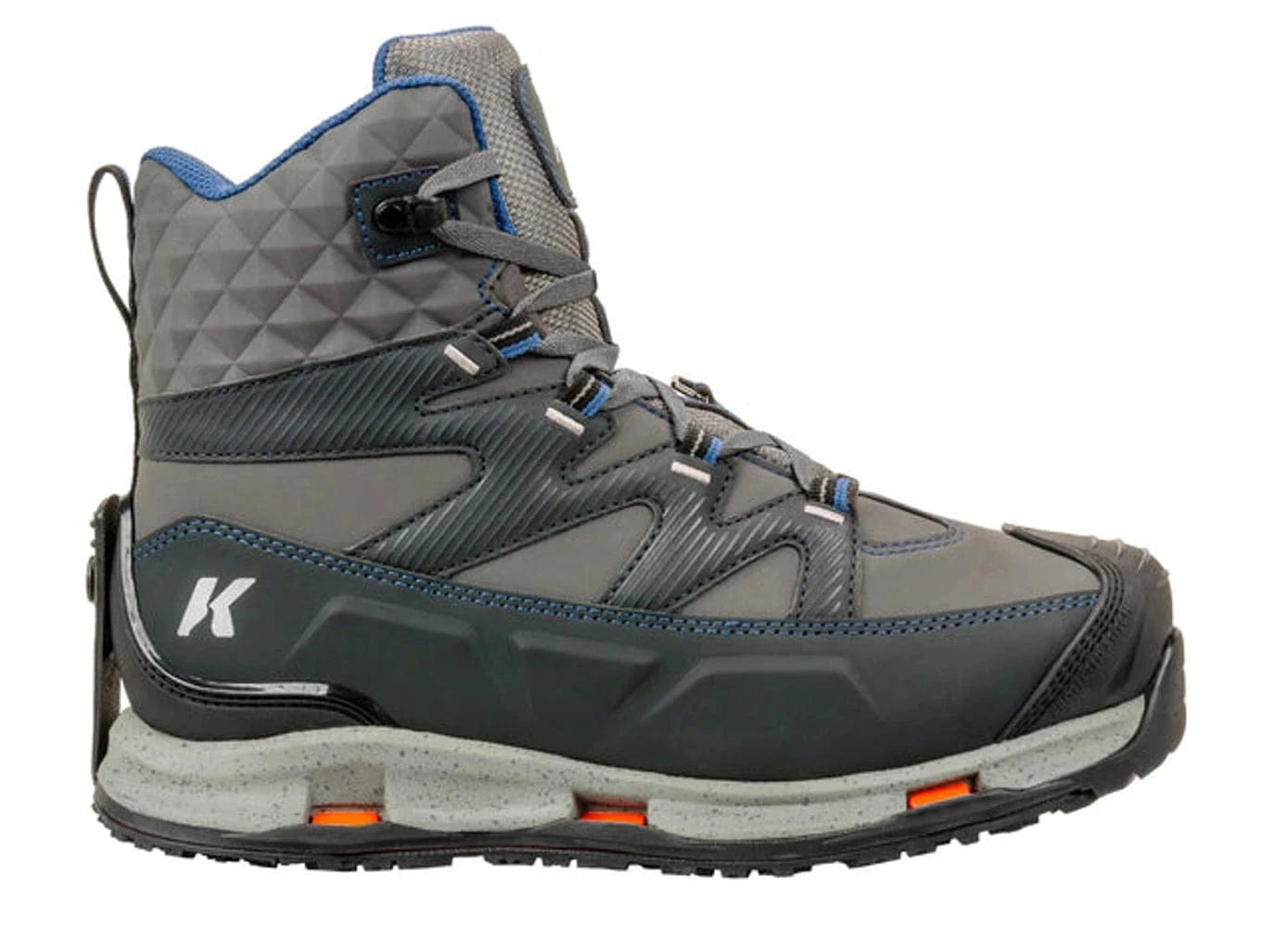 Korkers gray high-top wading boot with quilted ankle, blue trim, black rubber rand and speckled midsole