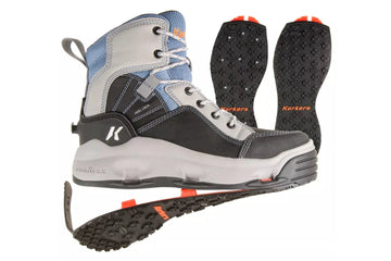 Korkers Buckskin Mary gray and blue leather textile wading boot with white midsole and removable studded black soles
