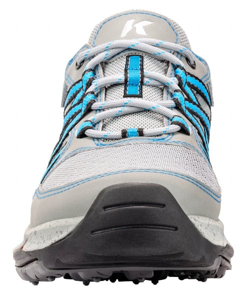 Korkers women's grey mesh wading shoe front view with turquoise lace accents, reinforced rubber toe and rugged lug outsole