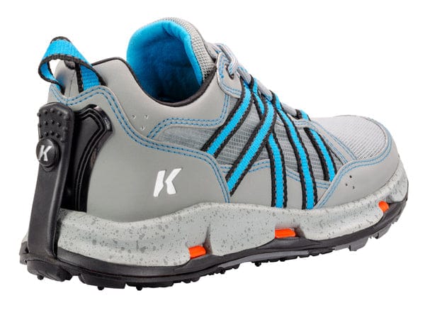 Korkers women's gray mesh and synthetic wading shoe with turquoise accents, speckled midsole, heel clip and lugged sole