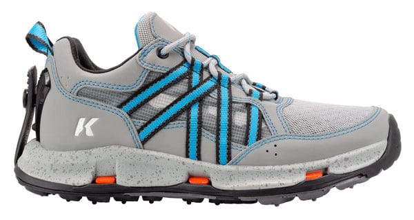 Korkers women's gray mesh and synthetic wading shoe with blue webbing accents, speckled midsole and black lug outsole