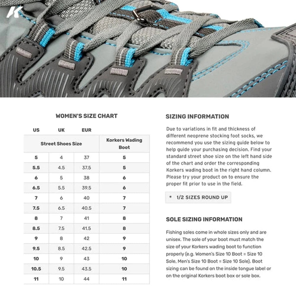Korkers women's Bantam Lite grey wading boot with teal stitching and gray laces above women's size chart and sizing info