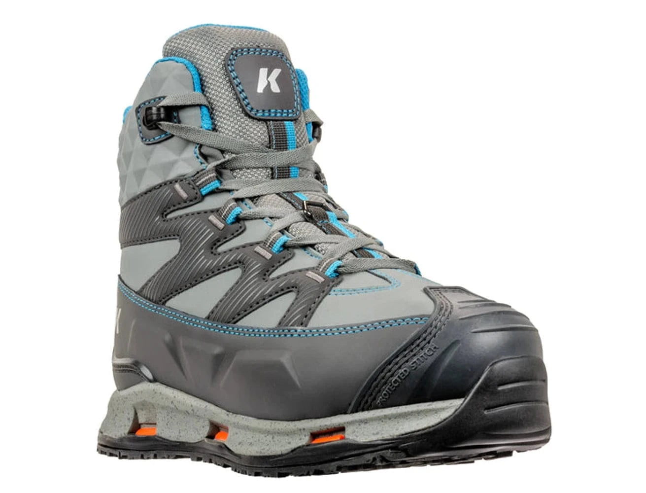 Korkers women's Bantam Lite gray and teal wading boot with high ankle mesh upper, rubber toe cap and sturdy lug sole