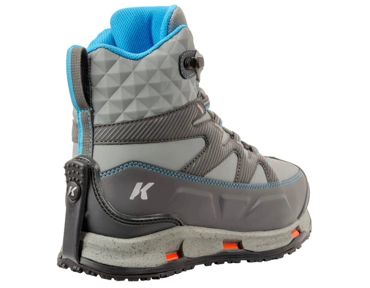 Korkers Women's Bantam Lite gray wading boot with turquoise mesh lining, diamond-textured synthetic upper, molded rubber sole